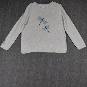 J. JILL WOMENS HEATHERED GRAY GRAPHIC DRAGON FLY LONG SLEEVE SWEATER SIZE M